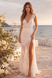 White Mermaid V-Neck Lace Floor Length Boho Wedding Dress with Slit