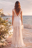 White Mermaid V-Neck Lace Floor Length Boho Wedding Dress with Slit