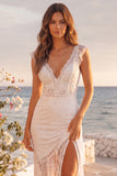 White Mermaid V-Neck Lace Floor Length Boho Wedding Dress with Slit