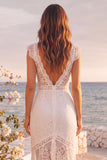 White Mermaid V-Neck Lace Floor Length Boho Wedding Dress with Slit