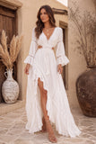 White A-Line V-Neck Cut Out Ruffled Sweep Train Boho Wedding Dress with Sleeves