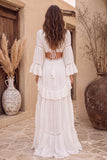 White A-Line V-Neck Cut Out Ruffled Sweep Train Boho Wedding Dress with Sleeves