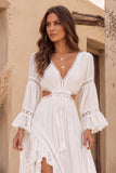 White A-Line V-Neck Cut Out Ruffled Sweep Train Boho Wedding Dress with Sleeves