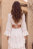 White A-Line V-Neck Cut Out Ruffled Sweep Train Boho Wedding Dress with Sleeves