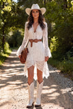 White Lace V-Neck High-Low Western Wedding Dress with Belt