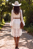 White Lace V-Neck High-Low Western Wedding Dress with Belt