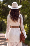 White Lace V-Neck High-Low Western Wedding Dress with Belt