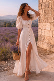 White A-Line Square Neck Puff Sleeves Floor Length Beach Wedding Dress with Buttons