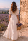 White A-Line Square Neck Puff Sleeves Floor Length Beach Wedding Dress with Buttons