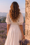 White A-Line Square Neck Puff Sleeves Floor Length Beach Wedding Dress with Buttons