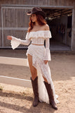 White 2 Piece Off the Shoulder Ruffled Asymmetrical Boho Wedding Dress