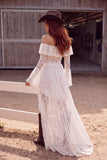 White 2 Piece Off the Shoulder Ruffled Asymmetrical Boho Wedding Dress
