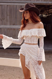 White 2 Piece Off the Shoulder Ruffled Asymmetrical Boho Wedding Dress