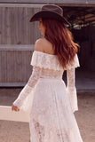 White 2 Piece Off the Shoulder Ruffled Asymmetrical Boho Wedding Dress