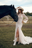 White Mermaid High Neck Sweep Train Lace Boho Wedding Dress with Slit