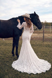 White Mermaid High Neck Sweep Train Lace Boho Wedding Dress with Slit