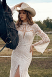White Mermaid High Neck Sweep Train Lace Boho Wedding Dress with Slit