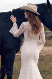 White Mermaid High Neck Sweep Train Lace Boho Wedding Dress with Slit