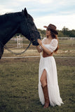 White Corset Square Neck Puff Sleeves Floor Length Boho Wedding Dress with Slit