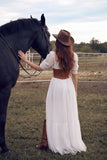 White Corset Square Neck Puff Sleeves Floor Length Boho Wedding Dress with Slit