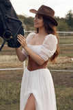 White Corset Square Neck Puff Sleeves Floor Length Boho Wedding Dress with Slit
