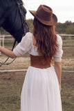 White Corset Square Neck Puff Sleeves Floor Length Boho Wedding Dress with Slit
