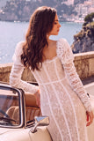 White Corset Sheath Square Neck Long Engagement Party Dress with Lace