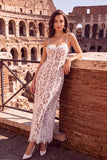 White Sheath Spaghetti Straps Lace Long Engagement Party Dress