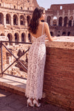 White Sheath Spaghetti Straps Lace Long Engagement Party Dress