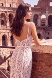 White Sheath Spaghetti Straps Lace Long Engagement Party Dress
