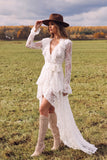 White Lace V-Neck High-Low Boho Wedding Dress with Ruffles