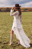 White Lace V-Neck High-Low Boho Wedding Dress with Ruffles