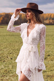 White Lace V-Neck High-Low Boho Wedding Dress with Ruffles