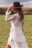 White Lace V-Neck High-Low Boho Wedding Dress with Ruffles