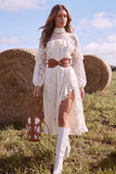 White Floral Lace High Neck Ruffled Midi Boho Wedding Dress with Belt
