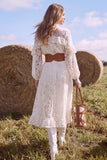 White Floral Lace High Neck Ruffled Midi Boho Wedding Dress with Belt