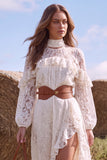 White Floral Lace High Neck Ruffled Midi Boho Wedding Dress with Belt