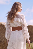 White Floral Lace High Neck Ruffled Midi Boho Wedding Dress with Belt