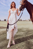 White A-Line V-Neck Ruffled Asymmetrical Beach Wedding Dress with Lace