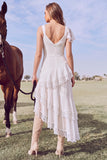 White A-Line V-Neck Ruffled Asymmetrical Beach Wedding Dress with Lace