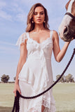 White A-Line V-Neck Ruffled Asymmetrical Beach Wedding Dress with Lace