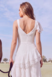 White A-Line V-Neck Ruffled Asymmetrical Beach Wedding Dress with Lace