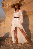 White Tiered Floral Square Neck Ruffled High-Low Boho Wedding Dress with Belt