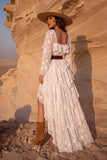 White Tiered Floral Square Neck Ruffled High-Low Boho Wedding Dress with Belt