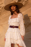 White Tiered Floral Square Neck Ruffled High-Low Boho Wedding Dress with Belt