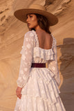 White Tiered Floral Square Neck Ruffled High-Low Boho Wedding Dress with Belt