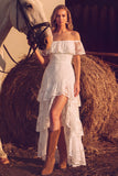 White Lace Off the Shoulder Ruffled Floor Length Boho Wedding Dress with Slit