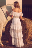 White Lace Off the Shoulder Ruffled Floor Length Boho Wedding Dress with Slit