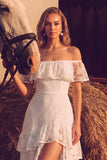 White Lace Off the Shoulder Ruffled Floor Length Boho Wedding Dress with Slit