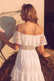 White Lace Off the Shoulder Ruffled Floor Length Boho Wedding Dress with Slit